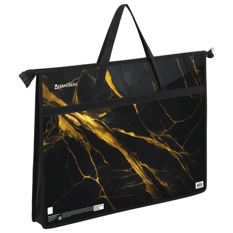 Папка для рисунков и чертежей с ручками BRAUBERG А3,пластик,молния сверху, Black&gold marble, 272232