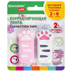 Корректирующая лента BRAUBERG KIDS &laquo;ЛАПКИ&raquo;, 5 мм х 6 м, ВЫГОДНАЯ УПАКОВКА 2 штуки в блистере, 272498