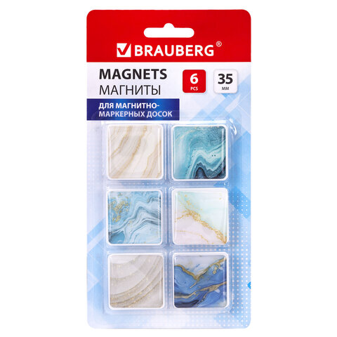 Магниты квадратные стеклянные 35 мм для досок магнитно-маркерных, НАБОР 6 шт., "Мрамор", BRAUBERG Glass, блистер, 272512