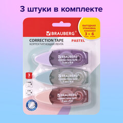 Корректирующая лента BRAUBERG PASTEL, 5 мм х 6 м, ВЫГОДНАЯ УПАКОВКА 3 штуки в блистере, 272658