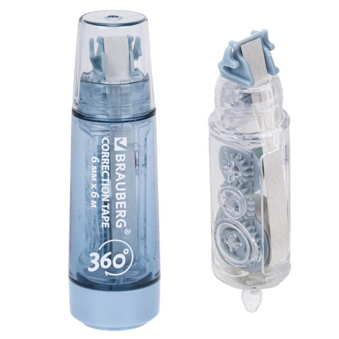 Корректирующая лента BRAUBERG 360, 6 мм х 6 м + сменный картридж, корпус синий, блистер, 272661