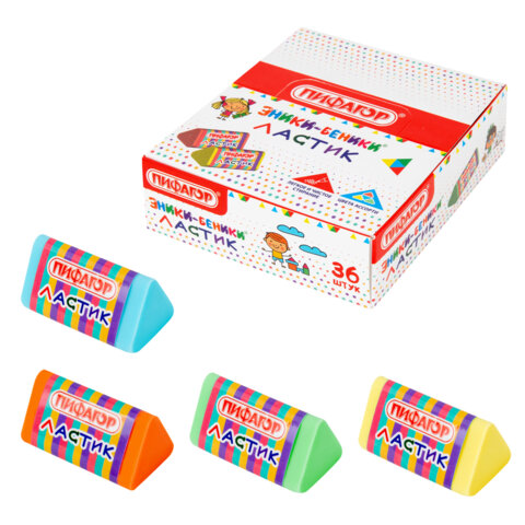 Ластик трехгранный ПИФАГОР "ЭНИКИ-БЕНИКИ", 35х18х18 мм, картонный держатель, цвета ассорти, 272668
