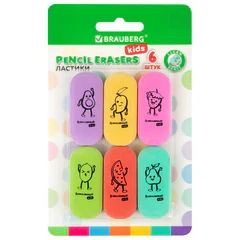 Ластики BRAUBERG KIDS &laquo;Fruits&raquo;, НАБОР 6 штук, 50&times;23&times;10 мм, овальные, ассорти, 272669