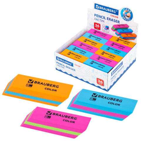Ластик BRAUBERG "Color", 55х15х13 мм, прямоугольный, скошенный, яркие цвета ассорти, 272671