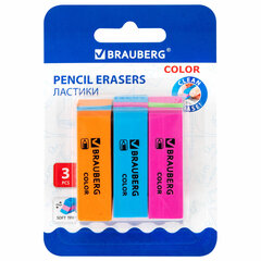Ластики BRAUBERG &laquo;Color&raquo;, НАБОР 3 штуки, 55&times;15&times;13 мм, прямоугольные, скошенные, блистер, 272672