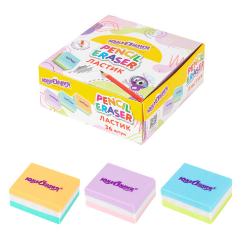 Ластик ЮНЛАНДИЯ "Square", 30х24х13 мм, прямоугольный, пастельные цвета ассорти, 272673