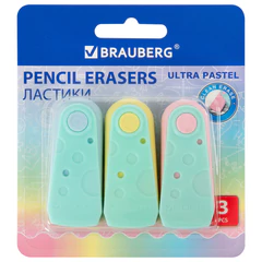Ластики BRAUBERG &laquo;ULTRA PASTEL&raquo;, НАБОР 3 ШТУКИ, 57&times;24&times;15 мм, ассорти пастель, бирюзовый пластиковый держатель, блистер, 272689