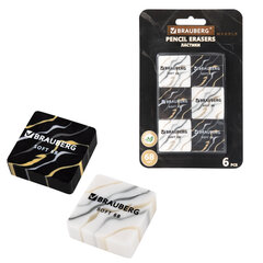 Ластики BRAUBERG &laquo;MARBLE&raquo;, НАБОР 6 штук, 34&times;34&times;11 мм, квадратные, экологичный ПВХ, блистер, 272735