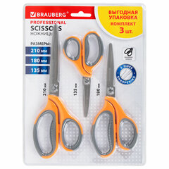 Ножницы BRAUBERG &laquo;PROFESSIONAL&raquo; 3 шт. (135, 180, 210 мм), серо-оранжевые ручки, ВЫГОДНАЯ УПАКОВКА, 272981