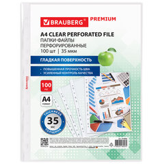 Папки-файлы перфорированные А4 BRAUBERG &laquo;PREMIUM&raquo;, КОМПЛЕКТ 100 шт., гладкие, 35 мкм, 273003