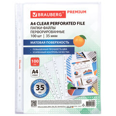 Папки-файлы перфорированные А4 BRAUBERG &laquo;PREMIUM&raquo;, КОМПЛЕКТ 100 шт., матовые, 35 мкм, 273005