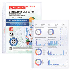 Папки-файлы перфорированные А4 BRAUBERG &laquo;PREMIUM&raquo;, КОМПЛЕКТ 100 шт., матовые, 35 мкм, 273005