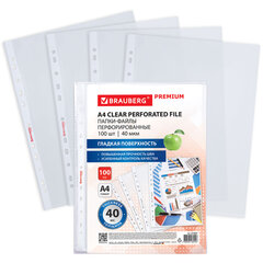 Папки-файлы перфорированные А4 BRAUBERG &laquo;PREMIUM&raquo;, КОМПЛЕКТ 100 шт., гладкие, 40 мкм, 273007
