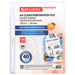 Папки-файлы перфорированные А4 BRAUBERG &laquo;PREMIUM&raquo;, КОМПЛЕКТ 100 шт., матовые, 40 мкм, 273008
