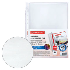 Папки-файлы перфорированные с антибликовой текстурой А4 BRAUBERG PIXEL, КОМПЛЕКТ 100 шт., 40 мкм, 273009