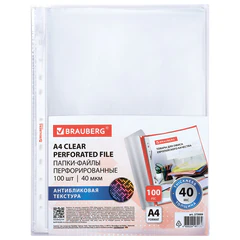 Папки-файлы перфорированные с антибликовой текстурой А4 BRAUBERG PIXEL, КОМПЛЕКТ 100 шт., 40 мкм, 273009