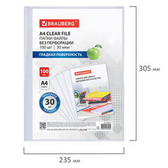 Папки-файлы БЕЗ ПЕРФОРАЦИИ для хранения и защиты документов А4 BRAUBERG, КОМПЛЕКТ 100 шт., гладкие, 30 мкм, 273011