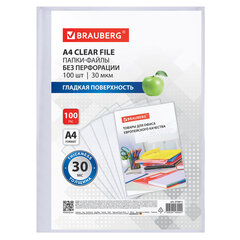 Папки-файлы БЕЗ ПЕРФОРАЦИИ для хранения и защиты документов А4 BRAUBERG, КОМПЛЕКТ 100 шт., гладкие, 30 мкм, 273011