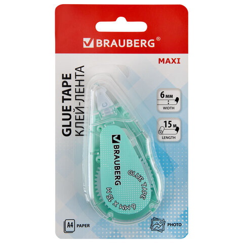 Клей-лента BRAUBERG MAXI, 6 мм х 15 м, корпус зеленый, блистер, 273029