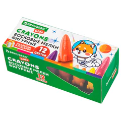 Восковые мелки фигурные BRAUBERG KIDS "РАКЕТА", НАБОР 12 цветов + НАКЛЕЙКИ В ПОДАРОК, 273082