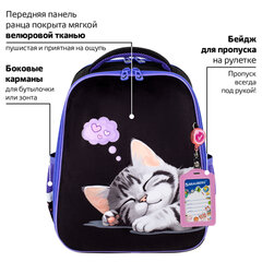 Ранец BRAUBERG FIT, 2 отделения, "Спящий котенок", велюровая панель, 38х27х14 см, 273107