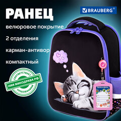 Ранец BRAUBERG FIT, 2 отделения, "Спящий котенок", велюровая панель, 38х27х14 см, 273107