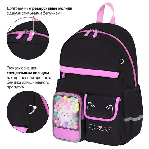 Рюкзак BRAUBERG PASTEL с термонашивками в комплекте, "Black kitty", черный, 40х29х14 см, 273128 - фото 15