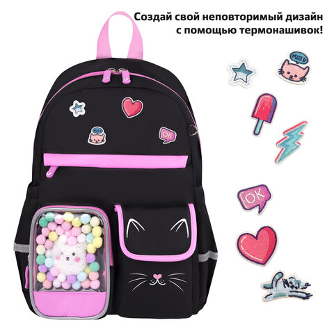 Рюкзак BRAUBERG PASTEL с термонашивками в комплекте, "Black kitty", черный, 40х29х14 см, 273128 - фото 11
