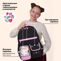 Рюкзак BRAUBERG PASTEL с термонашивками в комплекте, "Черный котик", 40х29х14 см, 273128