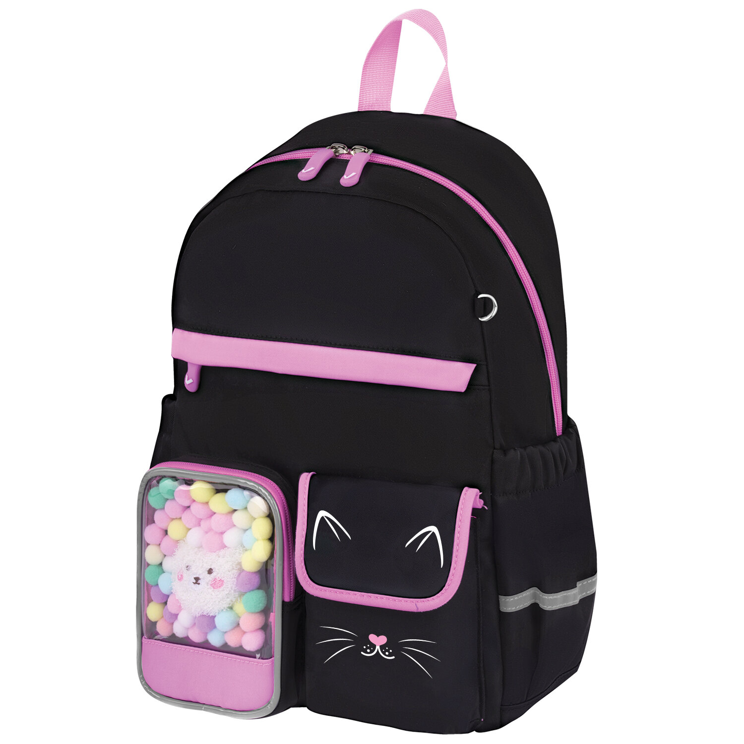 Рюкзак BRAUBERG PASTEL с термонашивками в комплекте, "Black kitty", черный, 40х29х14 см, 273128