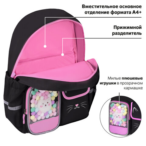 Рюкзак BRAUBERG PASTEL с термонашивками в комплекте, "Black kitty", черный, 40х29х14 см, 273128 - фото 19
