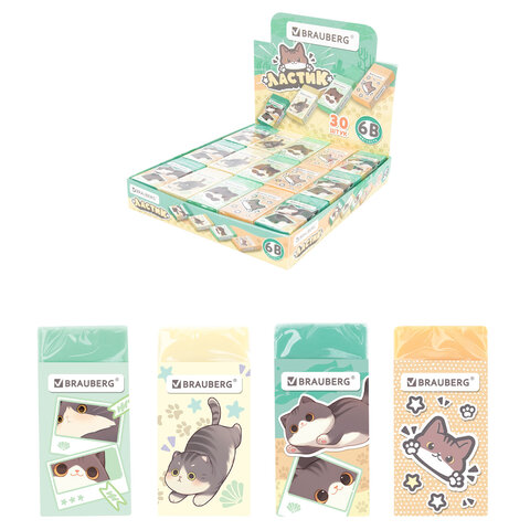 Ластик кросс-серия МИЛЫЕ КОТЫ, 50х24х10 мм, прямоугольный, картонный держатель, ассорти, ЭКО ПВХ, BRAUBERG, 273227