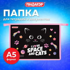 Папка для тетрадей ПИФАГОР А4, 1 отделение, картон/<wbr/>пластик, на молнии, &laquo;Dark kitten&raquo;, 273339