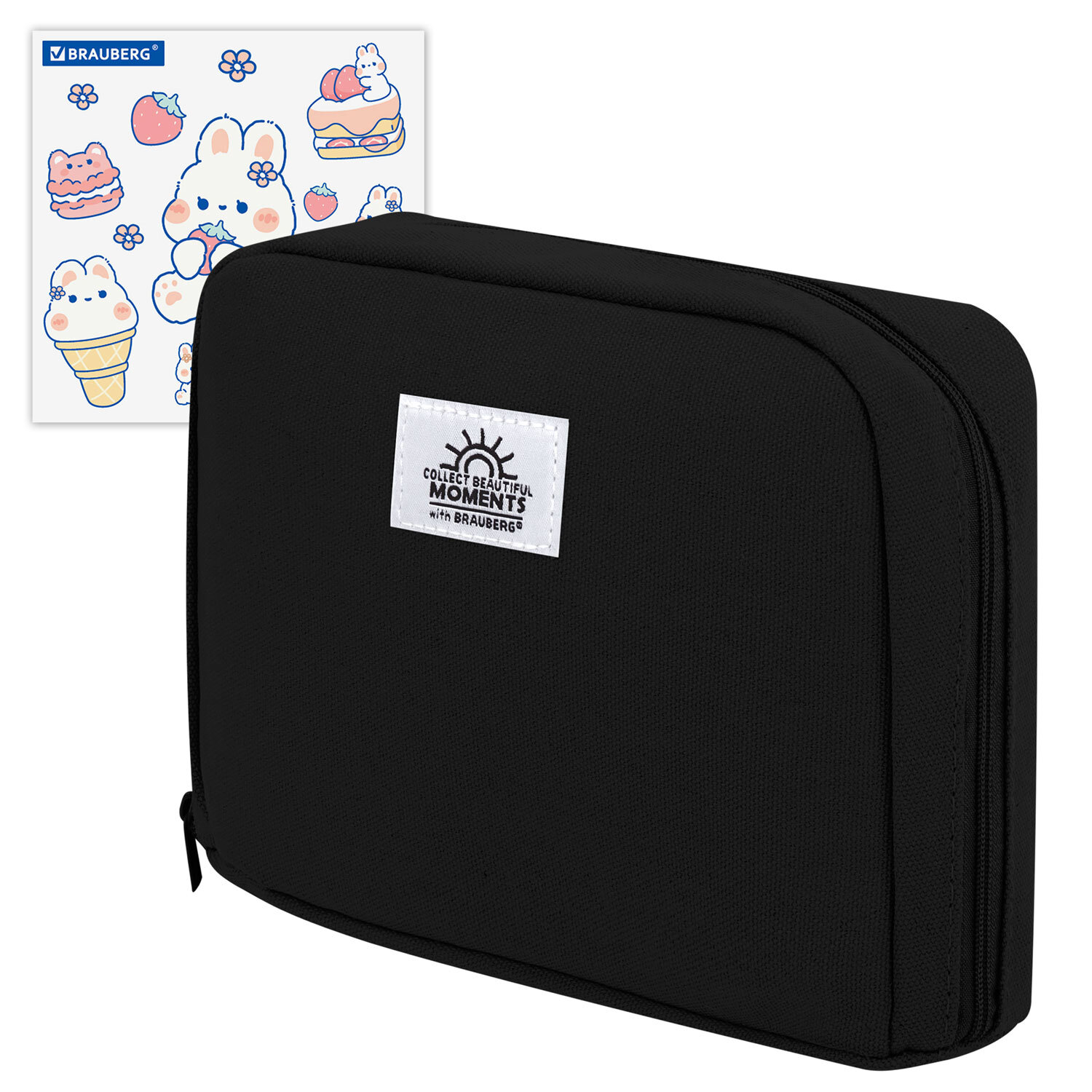 Пенал-органайзер BRAUBERG, 1 отделение, С НАКЛЕЙКАМИ, молния вокруг, канвас, 22x15х6 см, черный, 273596