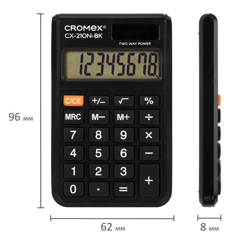Калькулятор карманный CROMEX CX-210N-BK (96х62 мм), 8 разрядов, двойное питание, черный, 273834