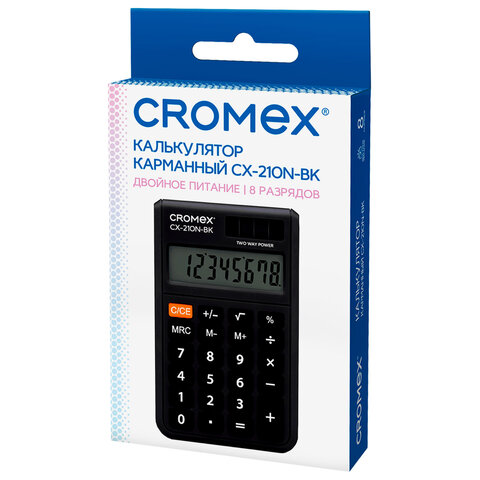 Калькулятор карманный CROMEX CX-210N-BK (96х62 мм), 8 разрядов, двойное питание, черный, 273834