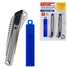 Нож канцелярский 18 мм, КОМПЛЕКТ 2 штуки + 10 ЛЕЗВИЙ, BRAUBERG Metallic, металлический корпус, 273929