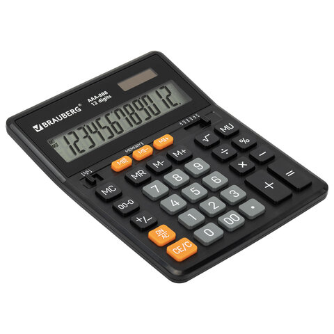 Калькулятор настольный BRAUBERG AAA-888 (202x159мм),12 разрядов, ЧЕРНЫЙ, двойное питание, 273981