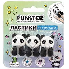 Ластик-топпер для карандаша FUNSTER (ФАНСТЕР) &laquo;ПАНДЫ&raquo;, НАБОР 3 ШТУКИ, блистер, 274012
