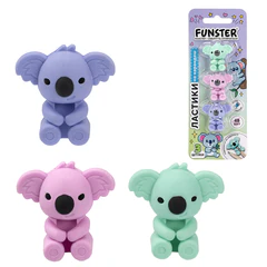Ластик-топпер для карандаша FUNSTER (ФАНСТЕР) &laquo;КОАЛЫ&raquo;, НАБОР 3 штуки, пастельные цвета ассорти, блистер, 274013