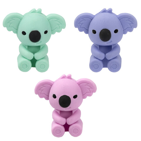 Ластик-топпер для карандаша FUNSTER (ФАНСТЕР) "КОАЛЫ", НАБОР 3 штуки, пастельные цвета ассорти, блистер, 274013 - фото 2