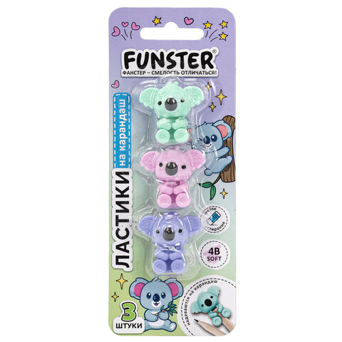 Ластик-топпер для карандаша FUNSTER (ФАНСТЕР) "КОАЛЫ", НАБОР 3 штуки, пастельные цвета ассорти, блистер, 274013 - фото 12