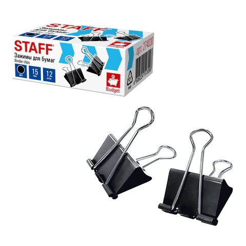 Зажимы для бумаг STAFF ECO, КОМПЛЕКТ 12 шт., 15 мм, на 45 листов, черные, картонная коробка, 274030