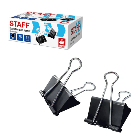 Зажимы для бумаг STAFF ECO, КОМПЛЕКТ 12 шт., 25 мм, на 100 листов, черные, картонная коробка, 274032