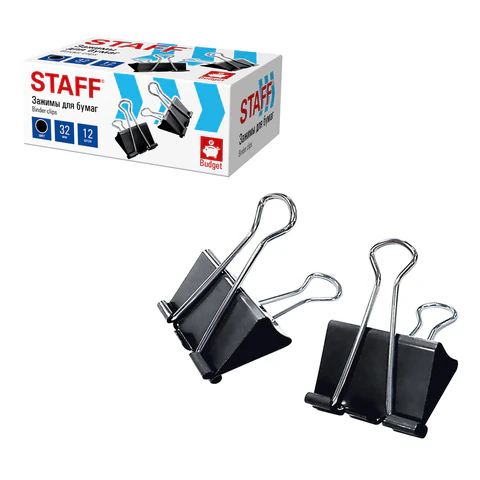 Зажимы для бумаг STAFF ECO, КОМПЛЕКТ 12 шт., 32 мм, на 140 листов, черные, картонная коробка, 274033