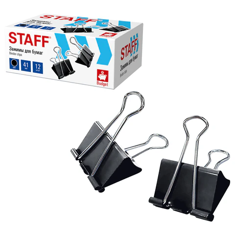 Зажимы для бумаг STAFF ECO, КОМПЛЕКТ 12 шт., 41 мм, 200 листов, черные, картонная коробка, 274034