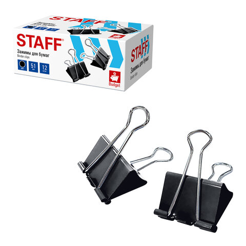 Зажимы для бумаг БОЛЬШИЕ STAFF ECO, КОМПЛЕКТ 12 шт., 51 мм, на 230 листов, черные, картонная коробка, 274035