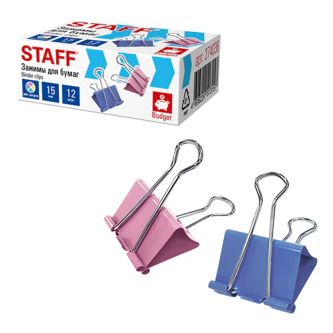 Зажимы для бумаг STAFF ECO, КОМПЛЕКТ 12 шт., 15 мм, на 45 листов, цветные, картонная коробка, 274036