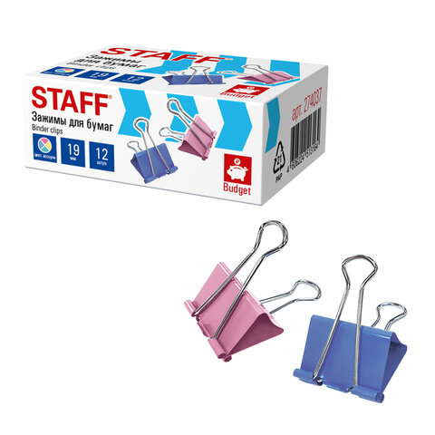 Зажимы для бумаг STAFF ECO, КОМПЛЕКТ 12 шт., 19 мм, на 60 листов, цветные, картонная коробка, 274037