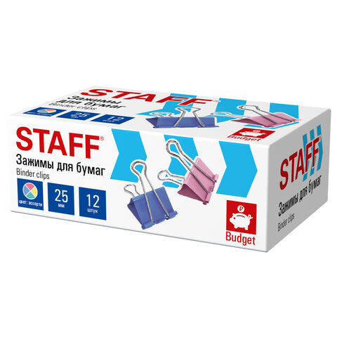 Зажимы для бумаг STAFF ECO, КОМПЛЕКТ 12 шт., 25 мм, на 100 листов, цветные, картонная коробка, 274038 - фото 2